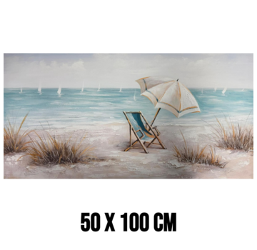 Allernieuwste.nl Canvas Schilderij Strand met Strandstoel en Zeilboten – 50 x 100 cm