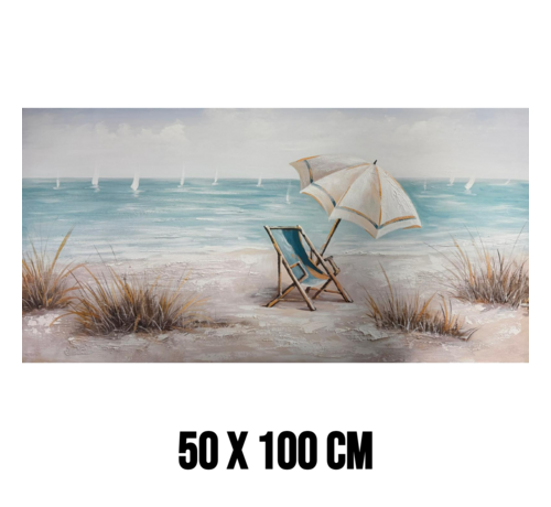 Allernieuwste.nl Allernieuwste.nl® Canvas Schilderij Strand met Strandstoel en Zeilboten – 50 x 100 cm – Zee -Muurdecoratie – Wanddecoratie – Poster
