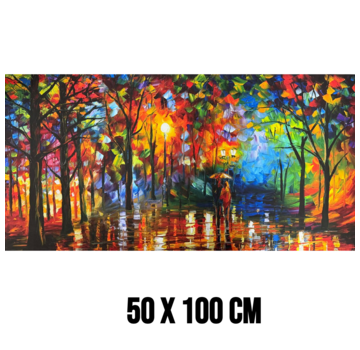 Allernieuwste.nl Canvas Schilderij Abstract Bos Landschap Stel onder Paraplu – 50 x 100 cm