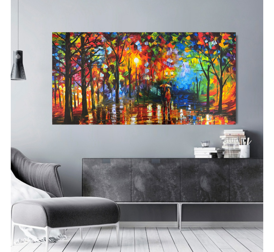 Allernieuwste.nl® Canvas Schilderij Abstract Bos Landschap Stel onder Paraplu – 50 x 100 cm – Romantische Muurdecoratie – Wanddecoratie – Abstracte Kunst