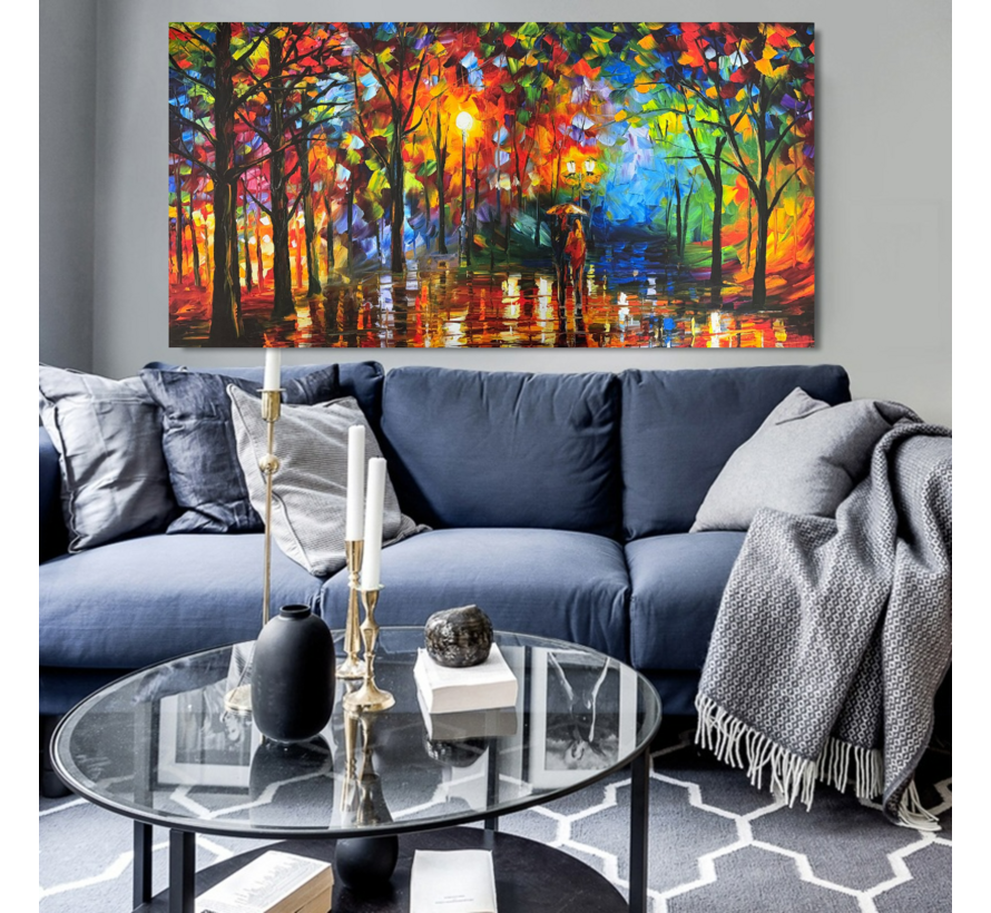 Allernieuwste.nl® Canvas Schilderij Abstract Bos Landschap Stel onder Paraplu – 50 x 100 cm – Romantische Muurdecoratie – Wanddecoratie – Abstracte Kunst