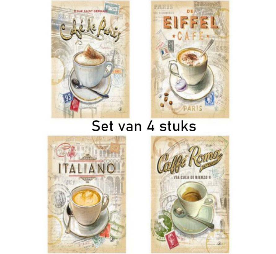 SET van 4 st. Canvas * Internationale Koffie - Café * - Kunst aan je Muur - Kleur - SET 4x 40 x 60 cm