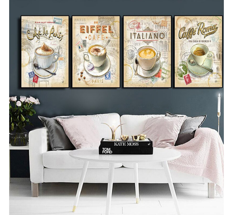 SET van 4 st. Canvas * Internationale Koffie - Café * - Kunst aan je Muur - Kleur - SET 4x 40 x 60 cm