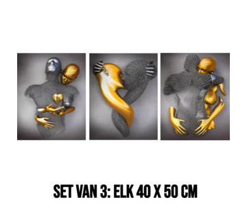 Allernieuwste.nl Canvas Schilderij 3-Luik Koppel Goud en Zilver – 3st 40 x 50 cm
