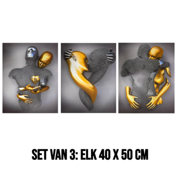 Allernieuwste.nl Canvas Schilderij 3-Luik Koppel Goud en Zilver – 3st 40 x 50 cm