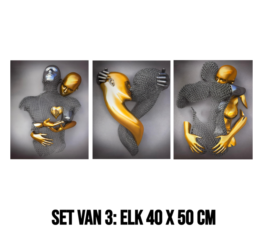 Allernieuwste.nl® Canvas Schilderij 3-Luik Koppel Goud en Zilver 3x 40x50 cm – Romantische Muurdecoratie – Wanddecoratie – Metal Love