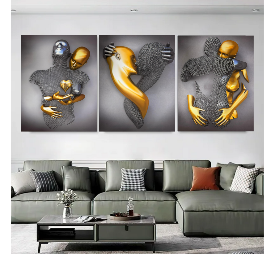 Allernieuwste.nl® Canvas Schilderij 3-Luik Koppel Goud en Zilver 3x 40x50 cm – Romantische Muurdecoratie – Wanddecoratie – Metal Love