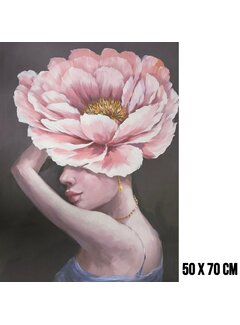 Allernieuwste.nl Canvas Schilderij Vrouw met Roze Bloem en Gouden Sieraden – 60 x 80 cm