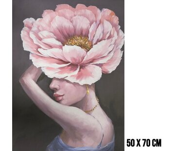 Allernieuwste.nl Canvas Schilderij Vrouw met Roze Bloem en Gouden Sieraden – 60 x 80 cm