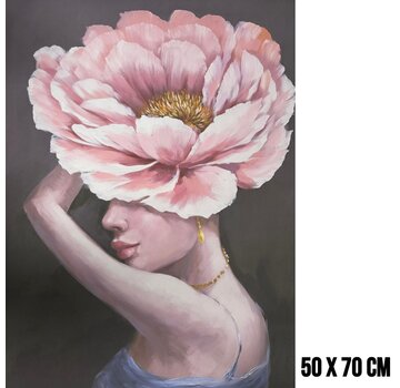 Allernieuwste.nl Canvas Schilderij Vrouw met Roze Bloem en Gouden Sieraden – 60 x 80 cm