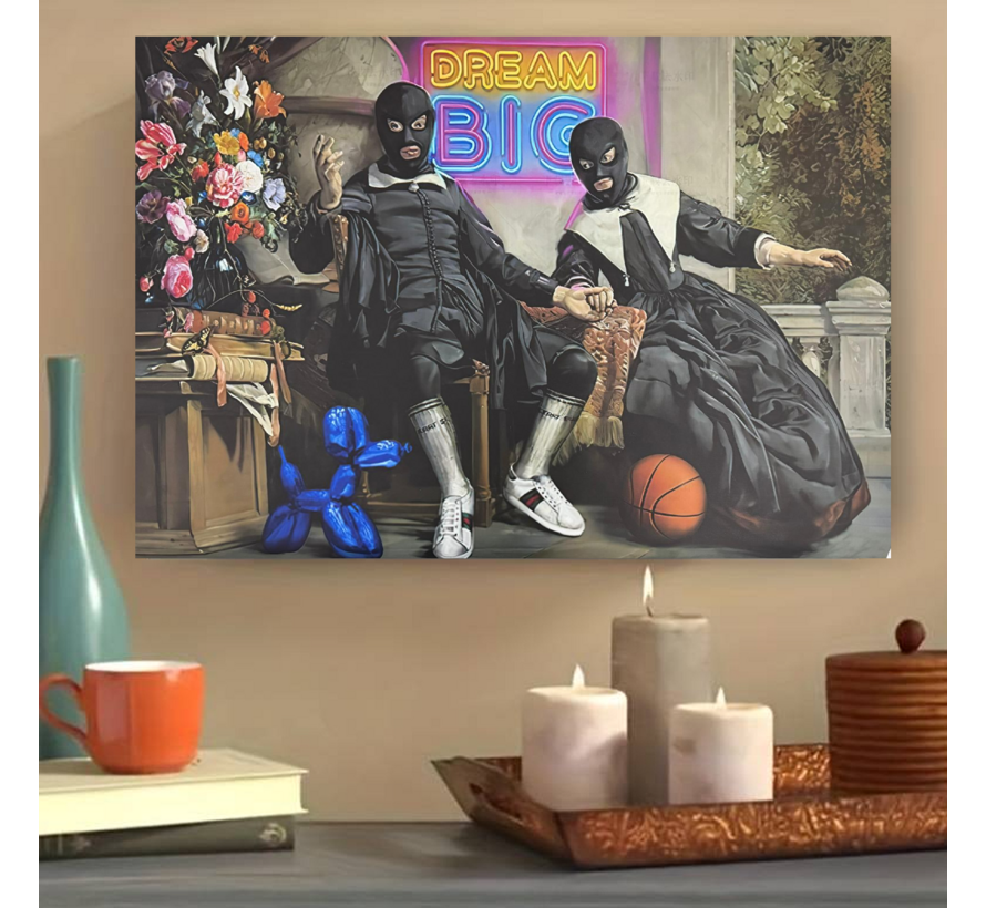 Allernieuwste.nl® Canvas Schilderij Street Art Koppel met Neon Dream Big – 70 x 100 cm – Urban Art – Wanddecoratie – Muurdecoratie