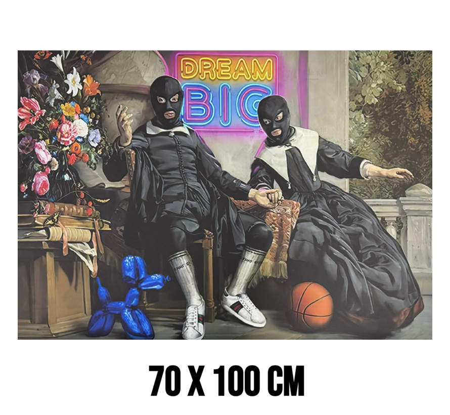 Allernieuwste.nl® Canvas Schilderij Street Art Koppel met Neon Dream Big – 70 x 100 cm – Urban Art – Wanddecoratie – Muurdecoratie