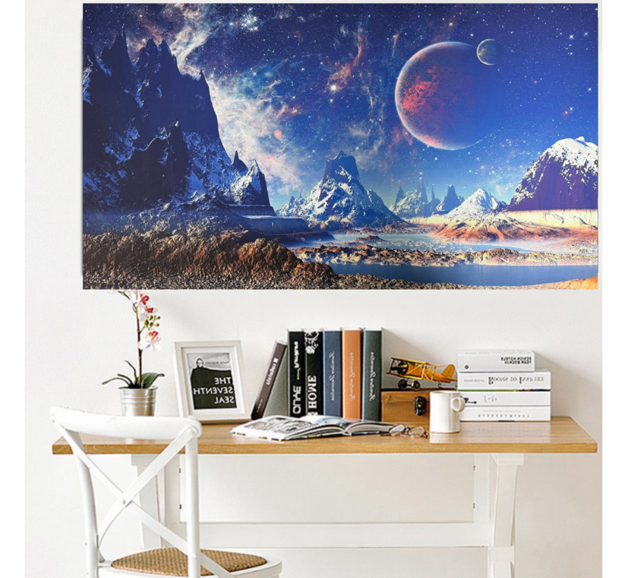 Allernieuwste.nl® Canvas Schilderij Sneeuwlandschap met Bergen en Grote Maan 50x90 cm – Natuur Muurdecoratie – Wanddecoratie