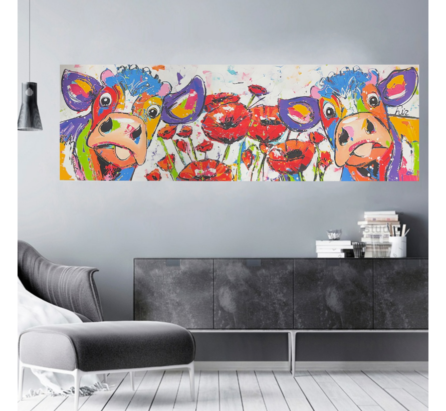 Allernieuwste.nl® Canvas Schilderij Kleurrijke Abstracte Koeien met Bloemen – 40 x 120 cm – Moderne Wanddecoratie – Abstracte kunst – Muurdecoratie