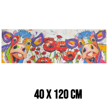 Allernieuwste.nl Canvas Schilderij Kleurrijke Abstracte Koeien met Bloemen – 40 x 120 cm
