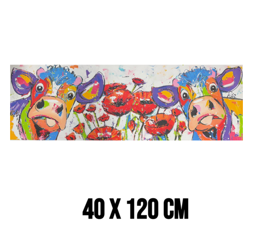 Allernieuwste.nl Allernieuwste.nl® Canvas Schilderij Kleurrijke Abstracte Koeien met Bloemen – 40 x 120 cm – Moderne Wanddecoratie – Abstracte kunst – Muurdecoratie