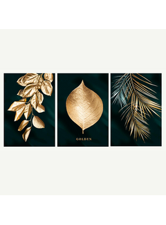 Allernieuwste.nl Canvas Schilderij 3-luik Gouden Blad op Zwarte Achtergrond - 50 x 70 cm