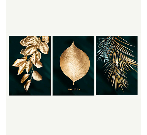 Allernieuwste.nl Allernieuwste.nl® Canvas Schilderij SET 3 Stuks Gouden Blad op Zwarte Achtergrond - Modern - 3-delige set - 3x 50 x 70 cm