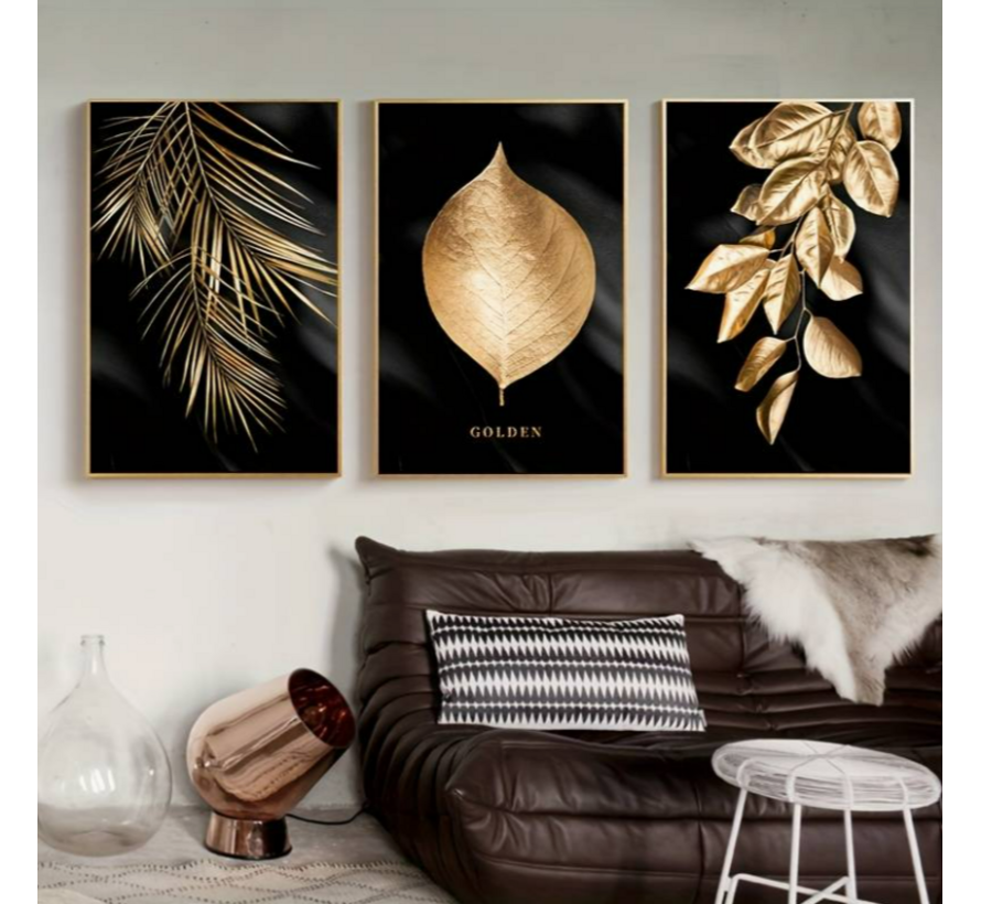 Allernieuwste.nl® Canvas Schilderij SET 3 Stuks Gouden Blad op Zwarte Achtergrond - Modern - 3-delige set - 3x 50 x 70 cm