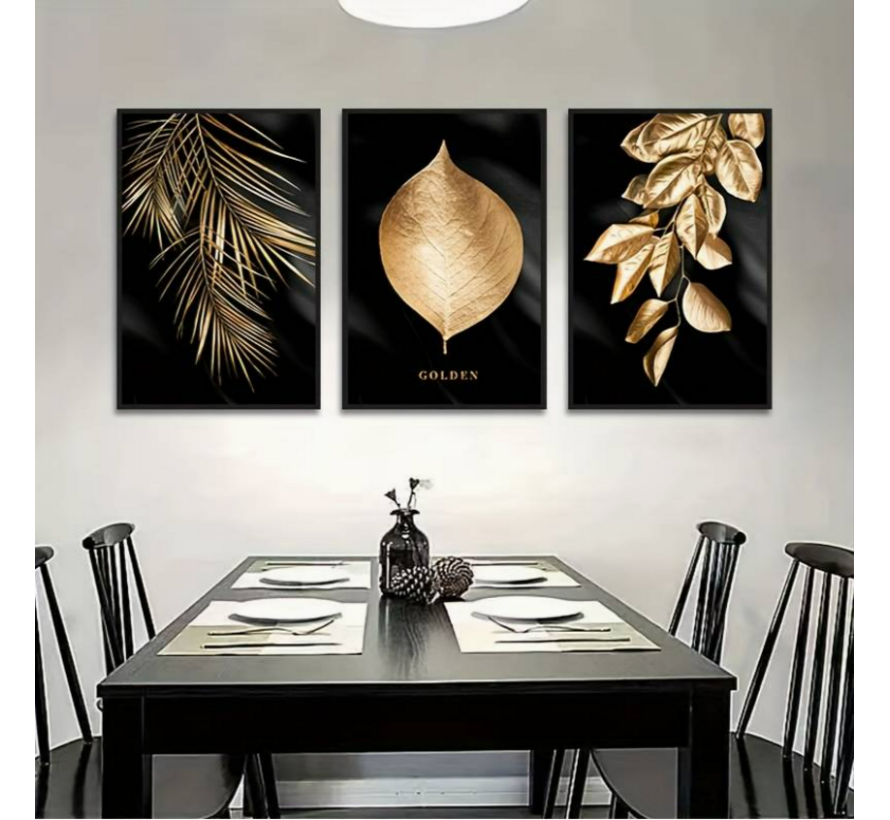 Allernieuwste.nl® Canvas Schilderij SET 3 Stuks Gouden Blad op Zwarte Achtergrond - Modern - 3-delige set - 3x 50 x 70 cm
