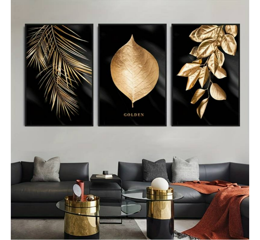 Allernieuwste.nl® Canvas Schilderij SET 3 Stuks Gouden Blad op Zwarte Achtergrond - Modern - 3-delige set - 3x 50 x 70 cm