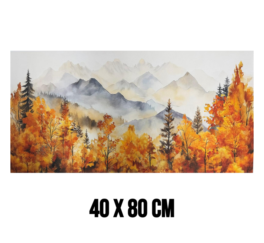 Allernieuwste.nl® Canvas Schilderij Herfstlandschap Aquarel met Bergen – 40 x 80 cm – Rustige Natuur Muurdecoratie - Wanddecoratie