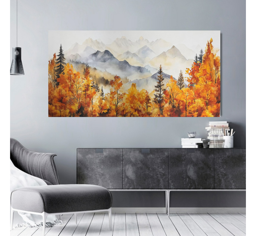 Allernieuwste.nl® Canvas Schilderij Herfstlandschap Aquarel met Bergen – 40 x 80 cm – Rustige Natuur Muurdecoratie - Wanddecoratie