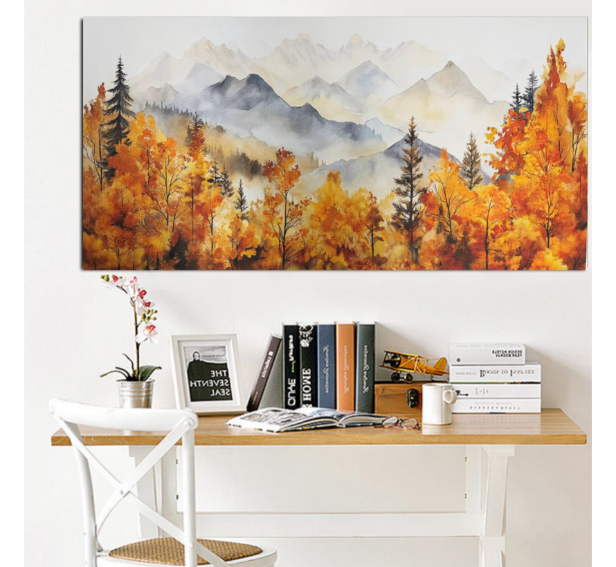 Allernieuwste.nl® Canvas Schilderij Herfstlandschap Aquarel met Bergen – 40 x 80 cm – Rustige Natuur Muurdecoratie - Wanddecoratie