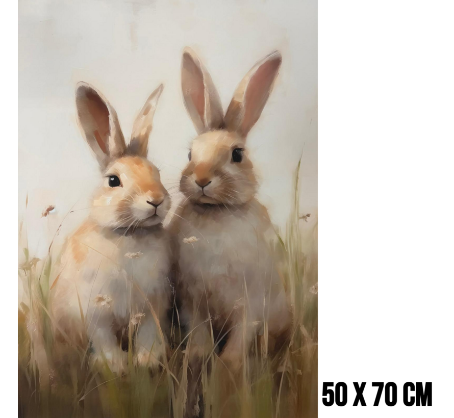Allernieuwste.nl® Canvas Schilderij Twee Konijnen in Veld – 50 x 70 cm – Realistische Dierenkunst Muurdecoratie – Dieren - Wanddecoratie