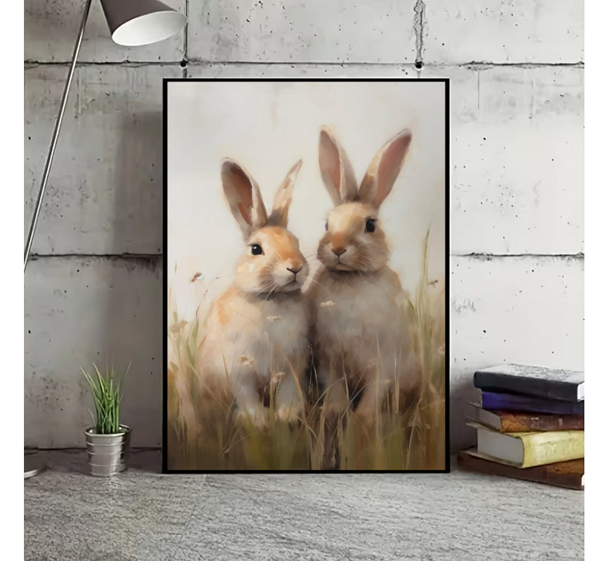 Allernieuwste.nl® Canvas Schilderij Twee Konijnen in Veld – 50 x 70 cm – Realistische Dierenkunst Muurdecoratie – Dieren - Wanddecoratie
