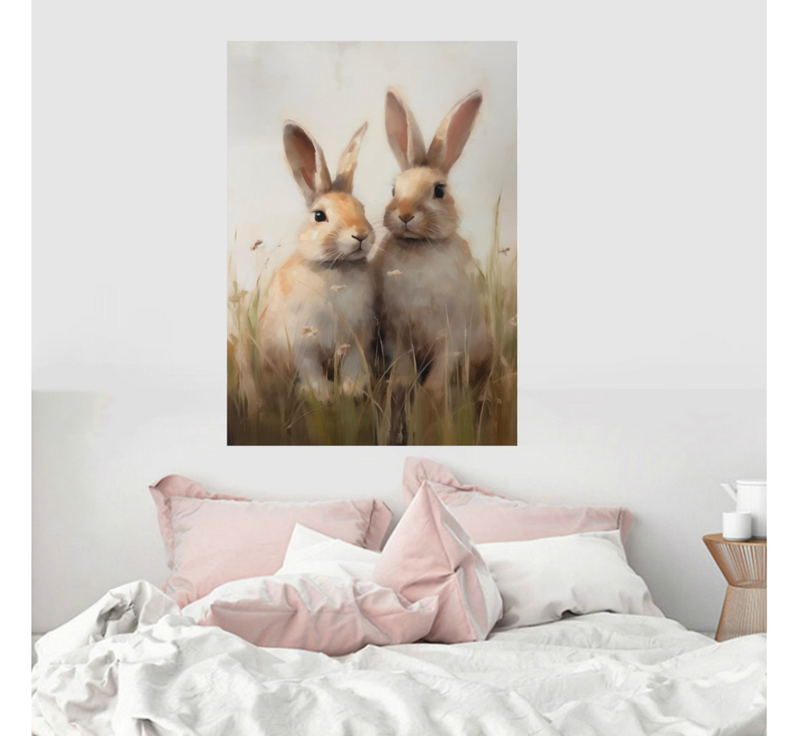 Allernieuwste.nl® Canvas Schilderij Twee Konijnen in Veld – 50 x 70 cm – Realistische Dierenkunst Muurdecoratie – Dieren - Wanddecoratie
