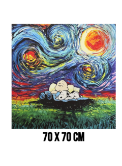 Allernieuwste.nl Canvas Schilderij Sterrennacht met Cartoon Hond & Jongen - 70 x 70 cm