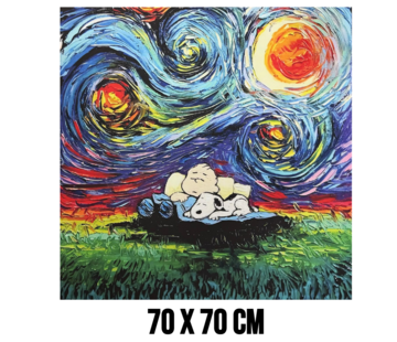 Allernieuwste.nl Canvas Schilderij Sterrennacht met Cartoon Hond & Jongen - 70 x 70 cm