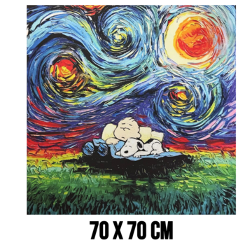 Allernieuwste.nl Canvas Schilderij Sterrennacht met Cartoon Hond & Jongen - 70 x 70 cm