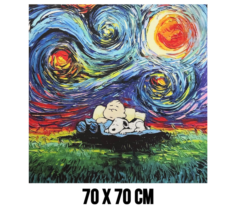 Allernieuwste.nl® Canvas Schilderij Sterrennacht met Cartoon Hond & Jongen - 70x70 cm – Kunst Muurdecoratie – Wanddecoratie