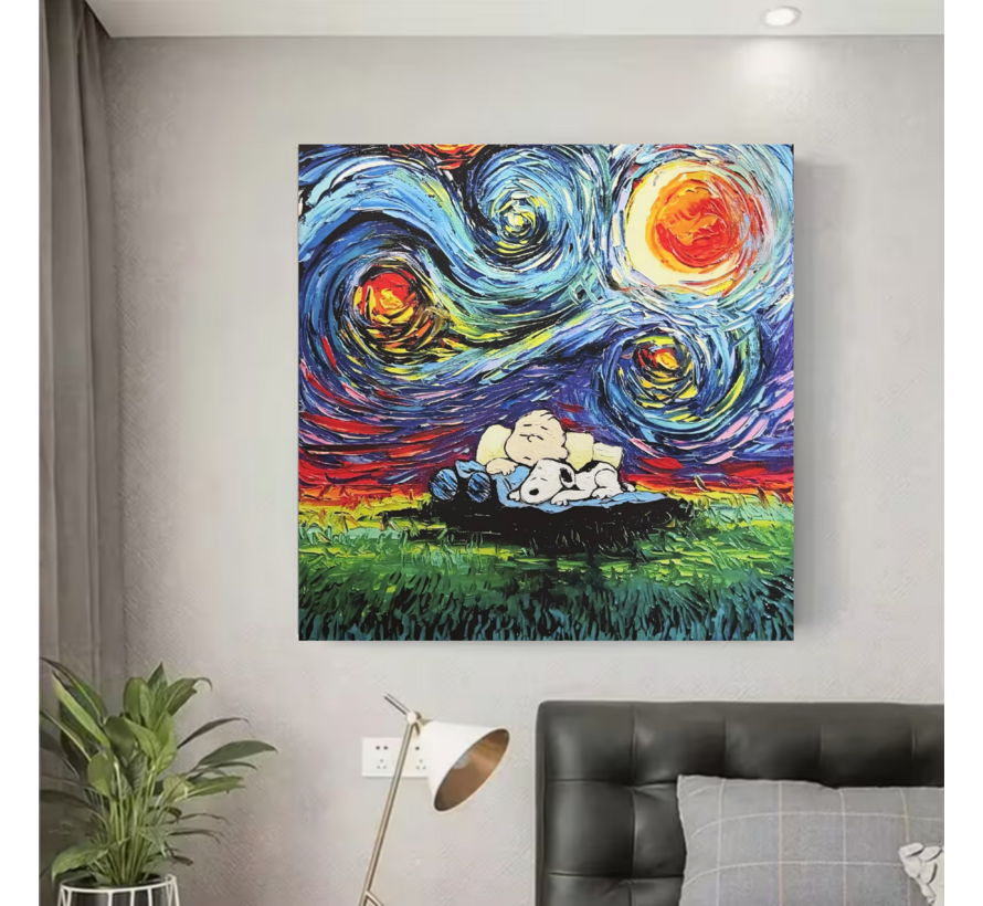 Allernieuwste.nl® Canvas Schilderij Sterrennacht met Cartoon Hond & Jongen - 70x70 cm – Kunst Muurdecoratie – Wanddecoratie