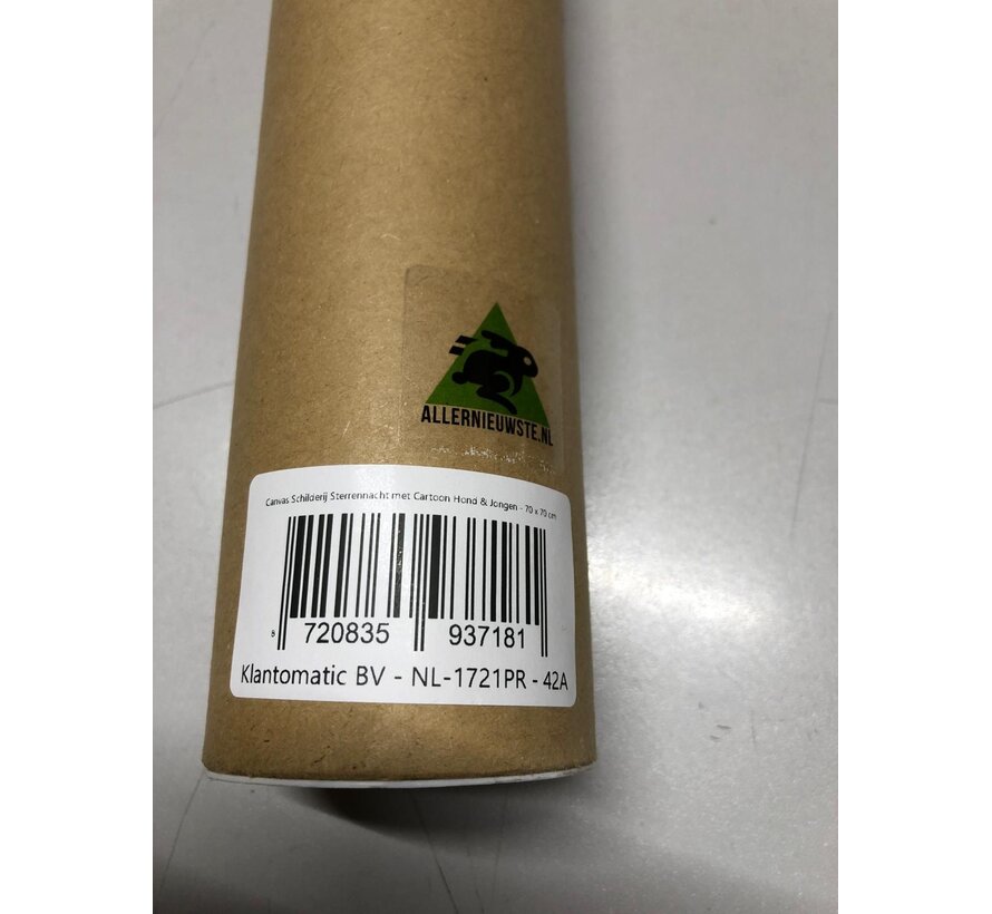 Allernieuwste.nl® Canvas Schilderij Sterrennacht met Cartoon Hond & Jongen - 70x70 cm – Kunst Muurdecoratie – Wanddecoratie