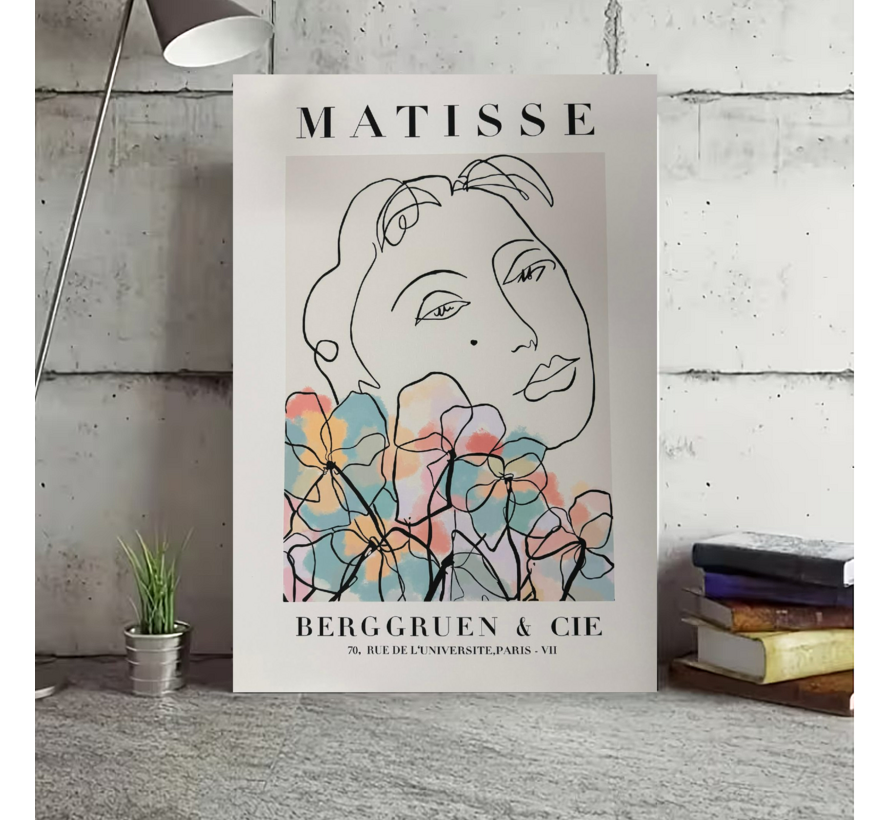 Allernieuwste.nl® Canvas Schilderij ''Woman with Flowers'' Matisse – 50 x 70 cm – Minimalistische Kunst Poster – Muurdecoratie – Wanddecoratie
