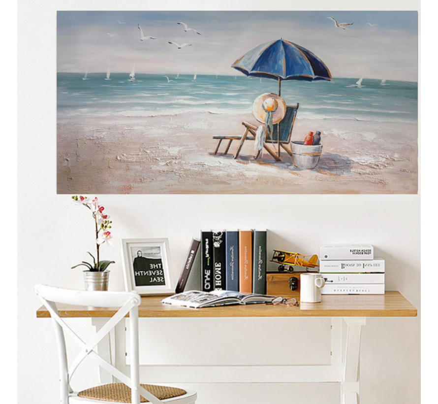 Allernieuwste.nl® Canvas Schilderij Strand met Parasol en Strandstoel – 50 x 100 cm – Rustige Zee Muurdecoratie – Wanddecoratie