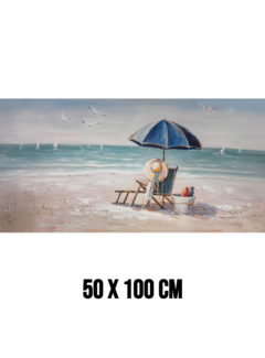 Allernieuwste.nl Canvas Schilderij Strand met Parasol en Strandstoel – 50 x 100 cm