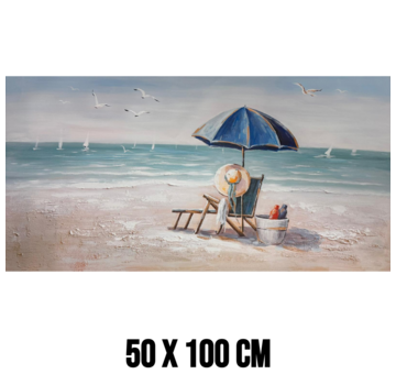 Allernieuwste.nl Canvas Schilderij Strand met Parasol en Strandstoel – 50 x 100 cm