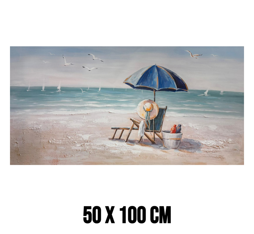 Allernieuwste.nl® Canvas Schilderij Strand met Parasol en Strandstoel – 50 x 100 cm – Rustige Zee Muurdecoratie – Wanddecoratie