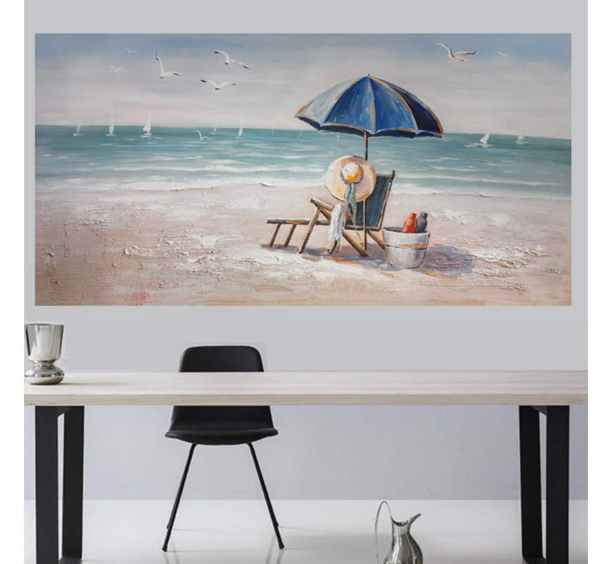Allernieuwste.nl® Canvas Schilderij Strand met Parasol en Strandstoel – 50 x 100 cm – Rustige Zee Muurdecoratie – Wanddecoratie