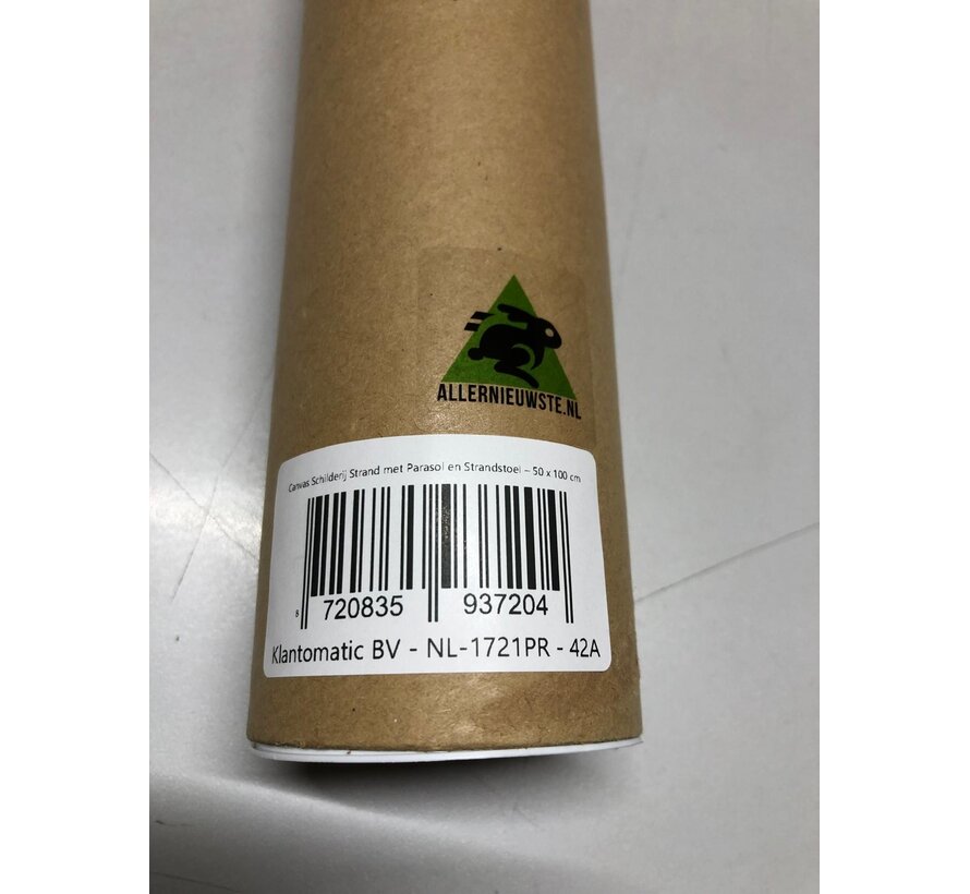 Allernieuwste.nl® Canvas Schilderij Strand met Parasol en Strandstoel – 50 x 100 cm – Rustige Zee Muurdecoratie – Wanddecoratie