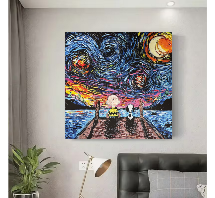 Allernieuwste.nl® Canvas Schilderij Sterrennacht met Cartoon Hond & Jongen aan het Water - 70x70 cm – Kunst Muurdecoratie – Wanddecoratie