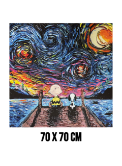 Allernieuwste.nl Canvas Schilderij Sterrennacht met Cartoon Hond & Jongen aan het Water - 70 x 70 cm