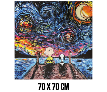 Allernieuwste.nl Canvas Schilderij Sterrennacht met Cartoon Hond & Jongen aan het Water - 70 x 70 cm