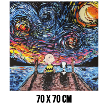 Allernieuwste.nl Canvas Schilderij Sterrennacht met Cartoon Hond & Jongen aan het Water - 70 x 70 cm