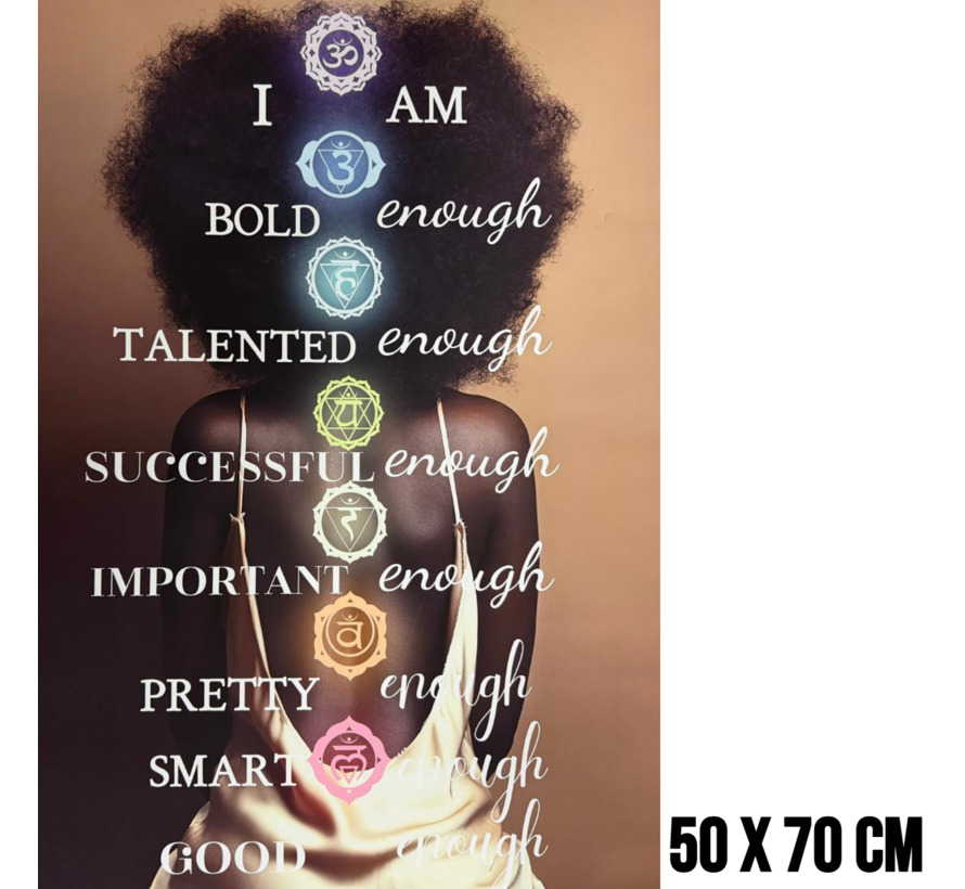 Allernieuwste.nl® Canvas Schilderij Vrouw met Chakra’s – 50 x 70 cm – Inspirerende Affirmaties voor Zelfwaarde en Persoonlijke Groei – Wanddecoratie – Muurdecoratie