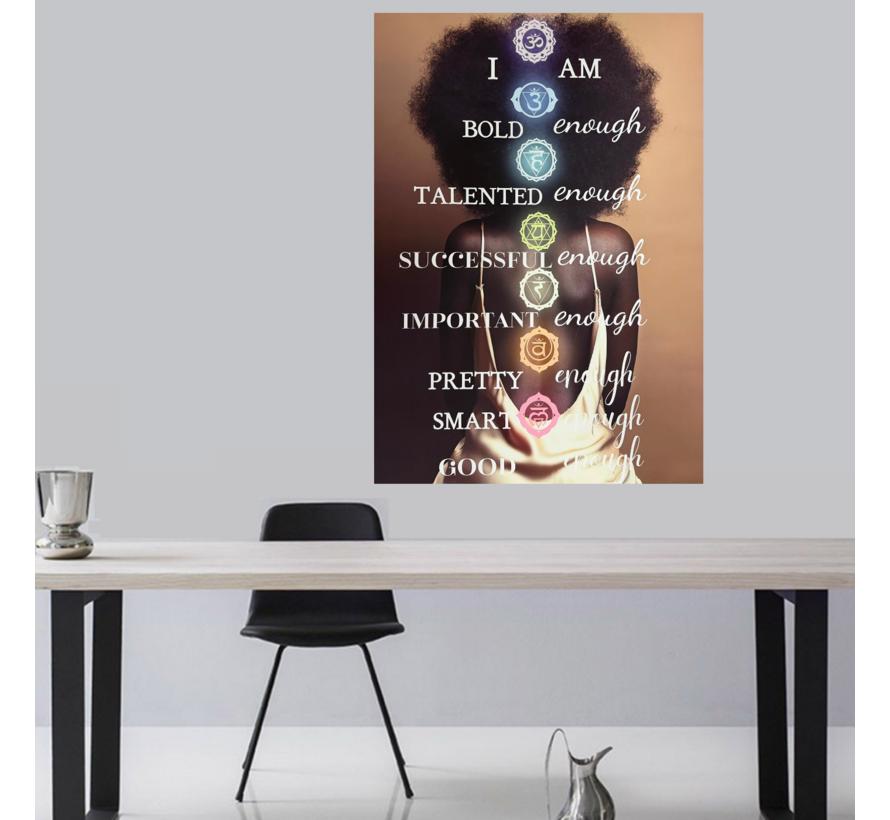 Allernieuwste.nl® Canvas Schilderij Vrouw met Chakra’s – 50 x 70 cm – Inspirerende Affirmaties voor Zelfwaarde en Persoonlijke Groei – Wanddecoratie – Muurdecoratie